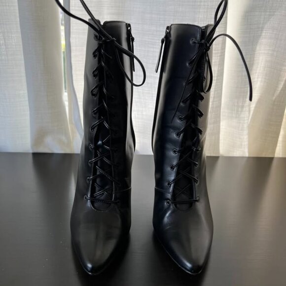 Manolo Blahnik Black Leather Zipup/Laceup Stiletto Booties - Picture 2 of 4